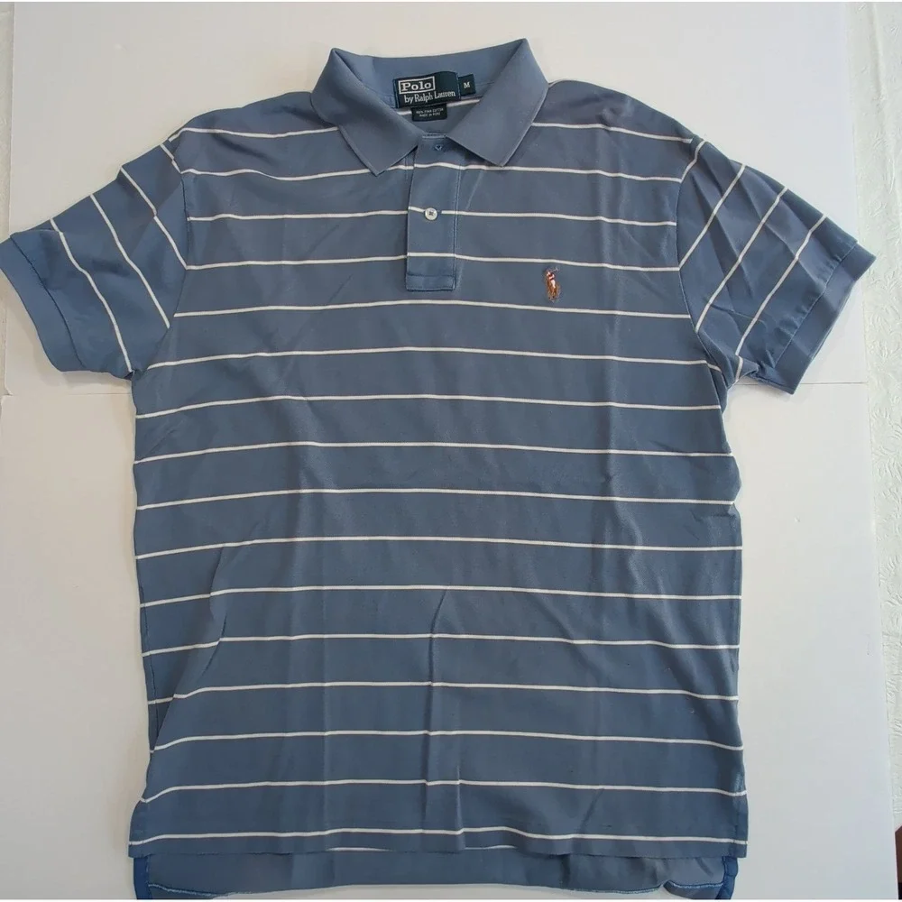 Vintage Y2K Ralph Lauren Polo Shirt Mens M Blue White Striped Pima Cotton Medium
